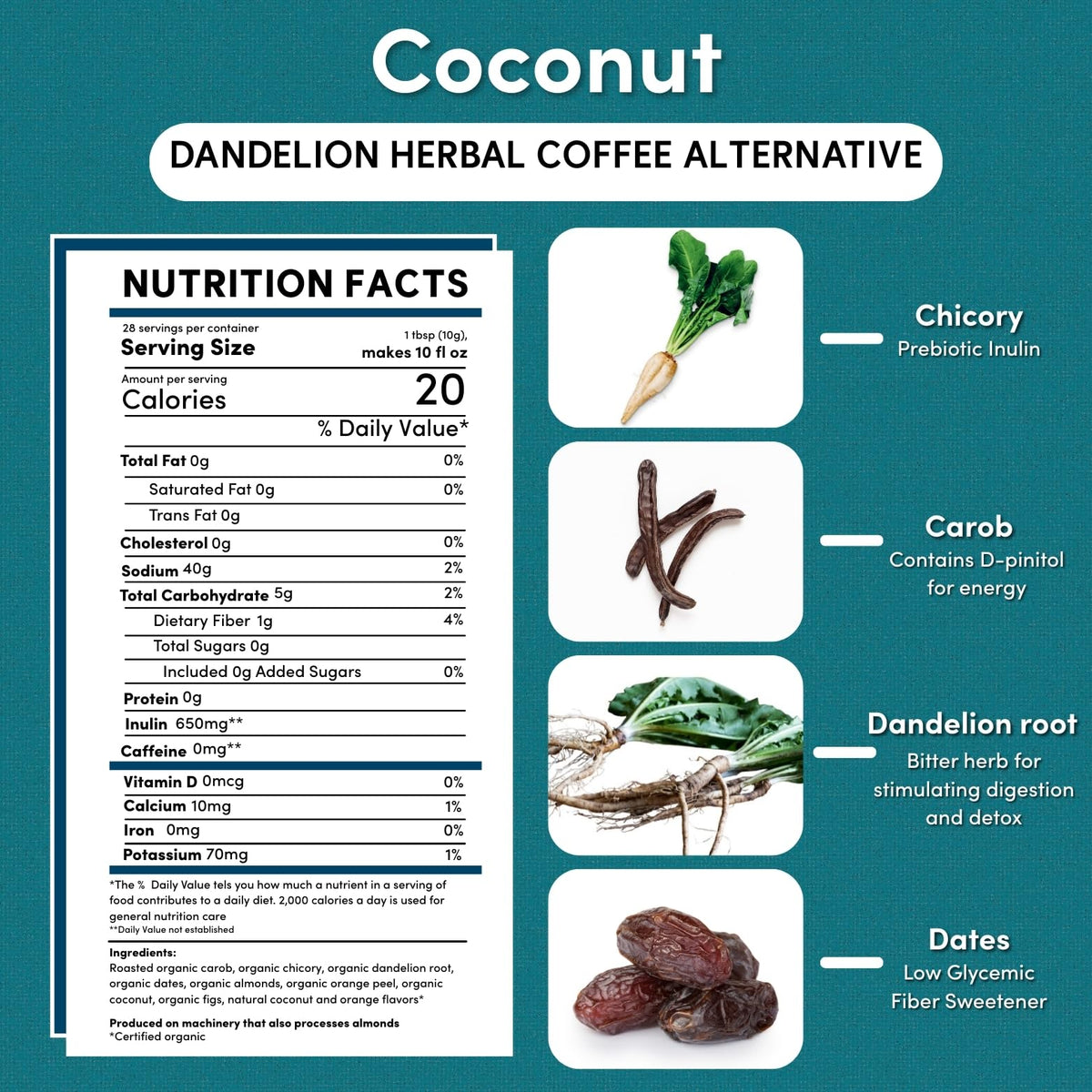 Teeccino Dandelion Coconut hot cup highlights acid-free digestion-friendly brew