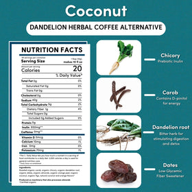 Teeccino Dandelion Coconut hot cup highlights acid-free digestion-friendly brew