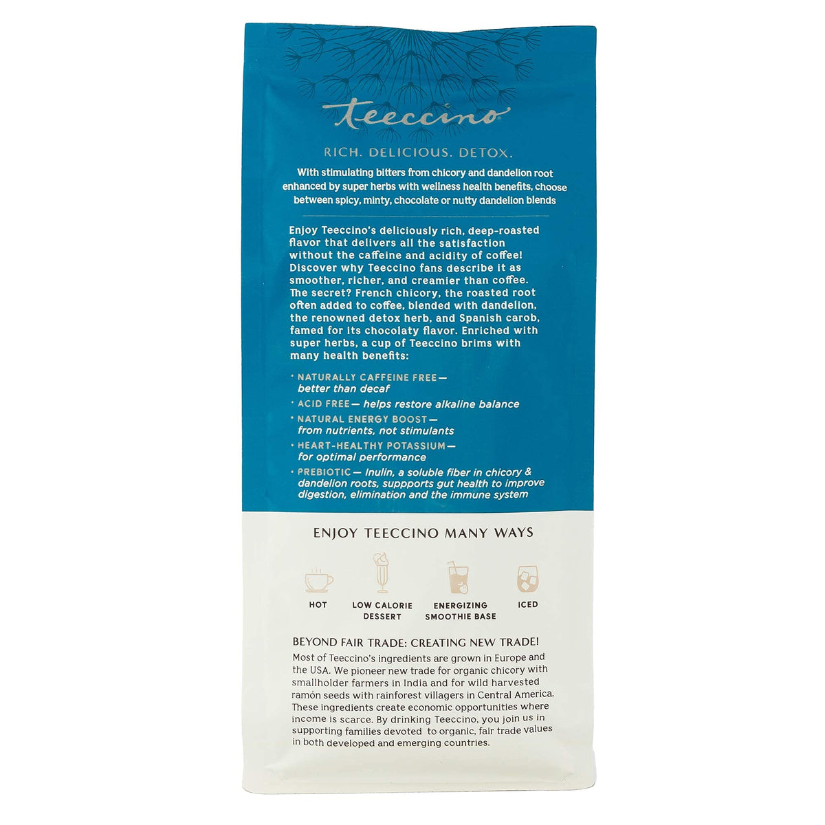 Teeccino Dandelion Coconut non GMO organic blend highlights natural ingredients