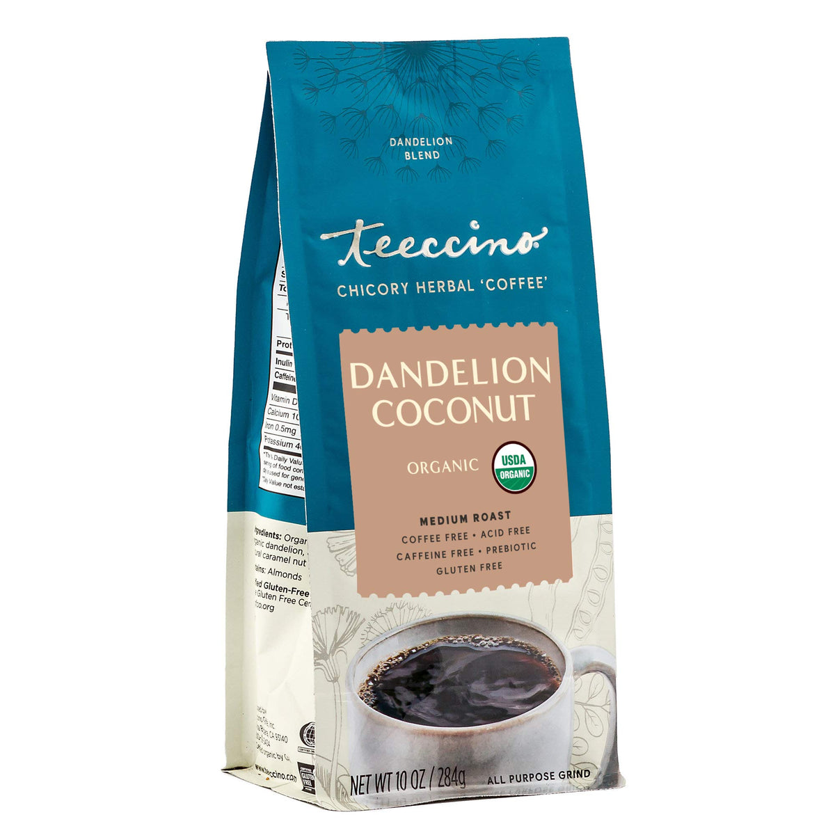 Teeccino Dandelion Coconut Coffee pour shows caffeine-free richness for any time