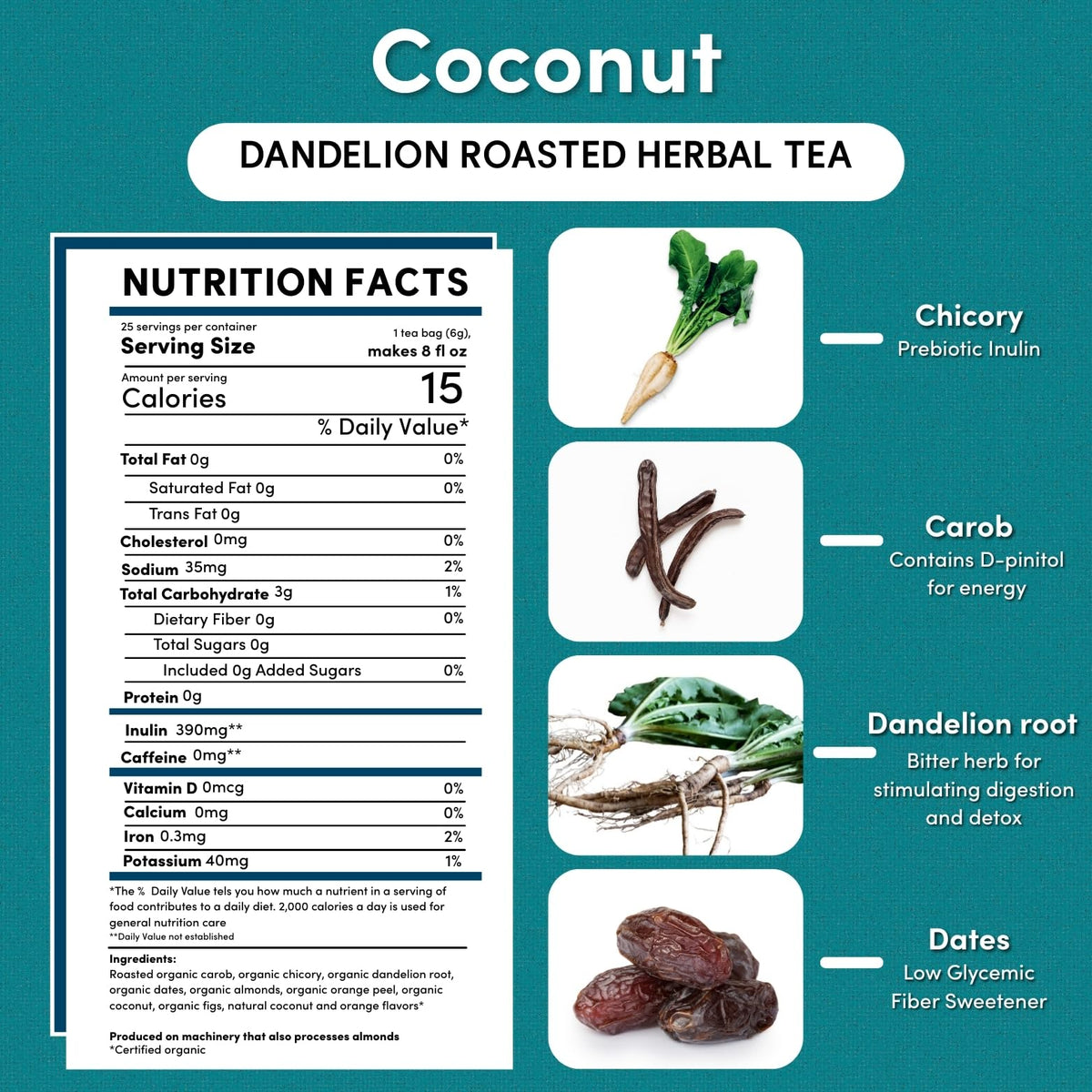 Teeccino Dandelion Coconut Tea box with 25 bags and gluten-free notes.