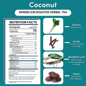 Teeccino Dandelion Coconut Tea box with 25 bags and gluten-free notes.