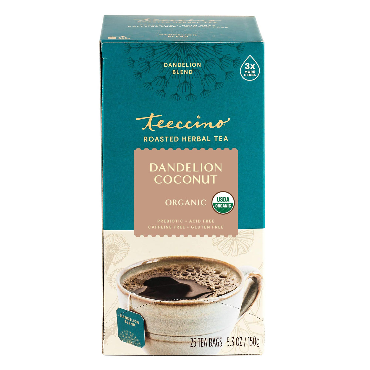 Packaging of Teeccino Dandelion Coconut Tea ready for brewing.