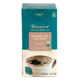 Packaging of Teeccino Dandelion Coconut Tea ready for brewing.
