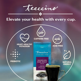 Teeccino Dandelion Dark Roast in a coffee maker, brew-ready caffeine-free alternative