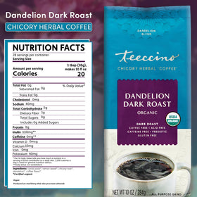 Teeccino Dandelion Dark Roast cup with rich, smooth caffeine-free flavor