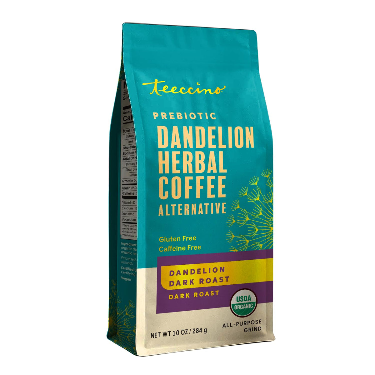 Teeccino Dandelion Dark Roast mug shows caffeine-free energy from nutrients.