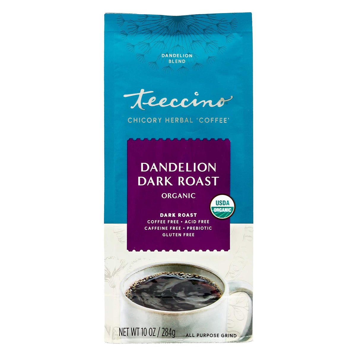 Teeccino Dandelion Dark Roast iced brew in glass bottle