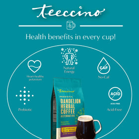 Teeccino Dandelion Dark Roast brewing beside a kettle for a cozy hot cup.
