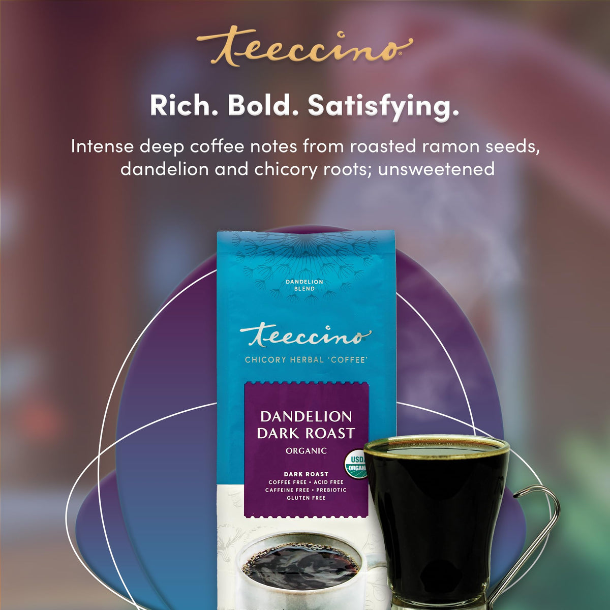 Teeccino Dandelion Dark Roast latte setup, showcasing versatility
