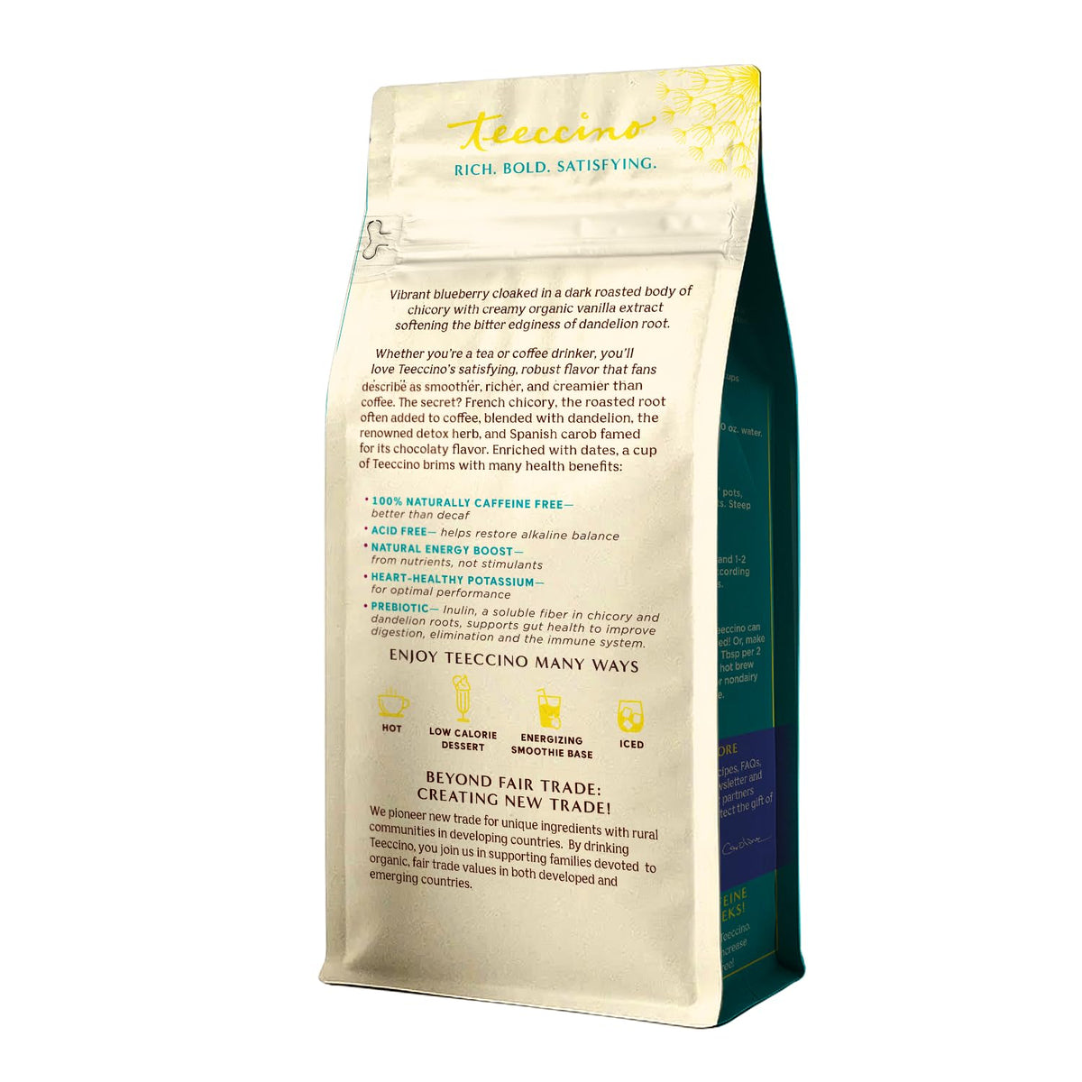 Teeccino Dandelion Dark Roast iced and hot servings show versatile daily use.
