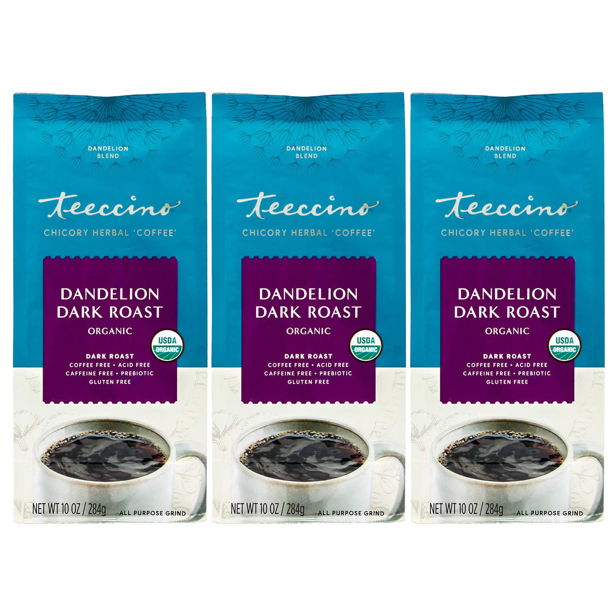 Teeccino Dandelion Dark Roast pack-3 ready as a caffeine-free coffee alternative