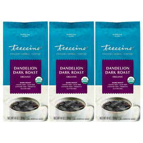 Teeccino Dandelion Dark Roast pack-3 ready as a caffeine-free coffee alternative