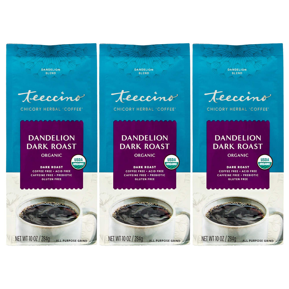 Teeccino Dandelion Dark Roast pack-3 ready as a caffeine-free coffee alternative