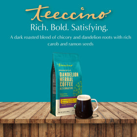 Teeccino Dandelion Dark Roast beside gluten-free and organic badges.