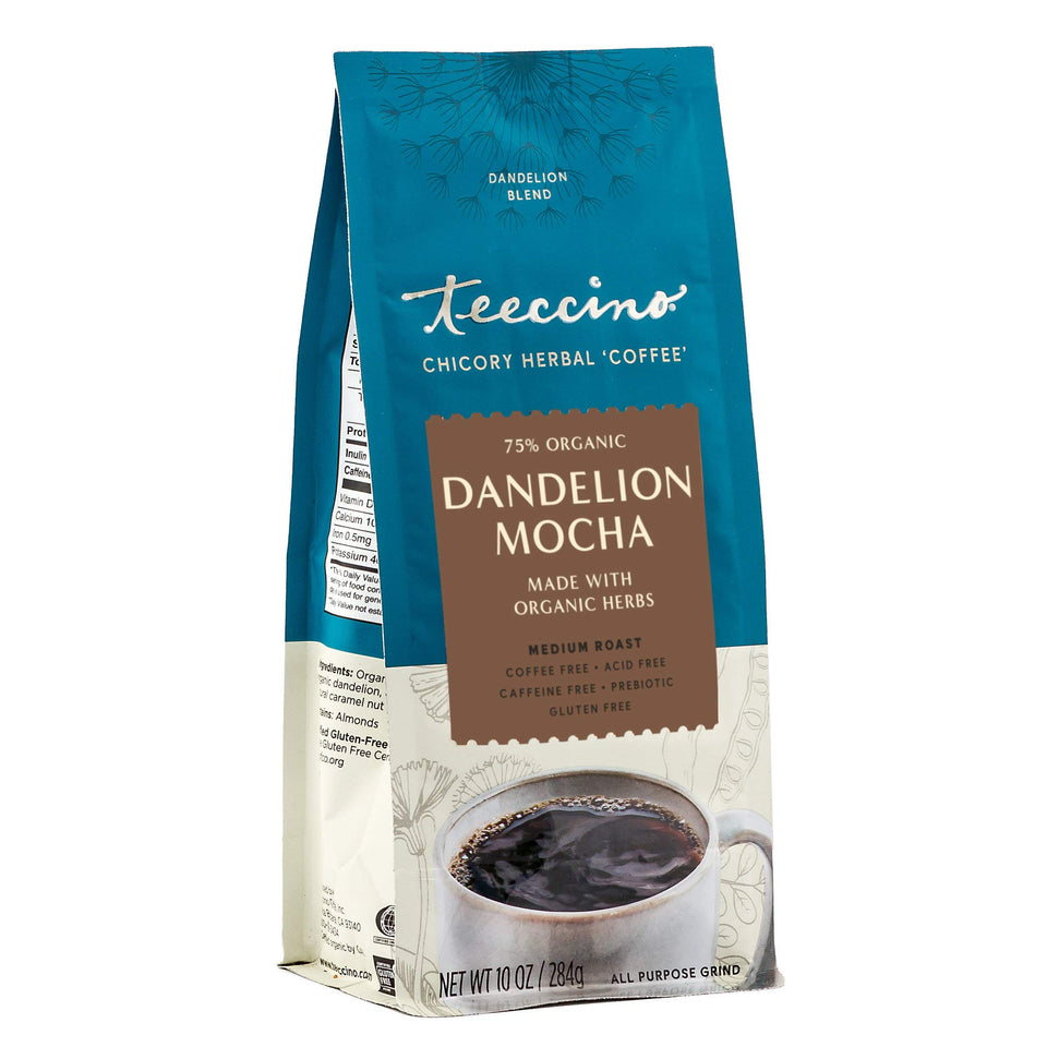 Teeccino Dandelion Mocha Cup displays caffeine-free, chocolatey aroma for a soothing morning ritual