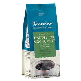 Teeccino Dandelion Mocha Mint cup shows caffeine-free richness and mint-chocolate aroma
