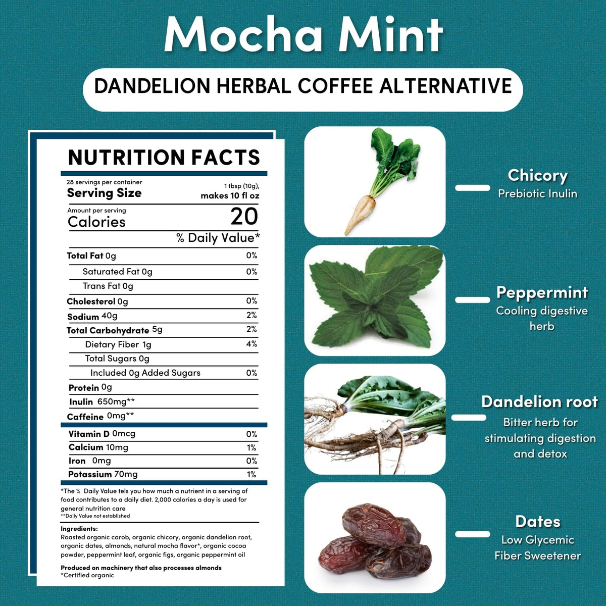 Teeccino Dandelion Mocha Mint ingredients close-up featuring chicory and dandelion roots