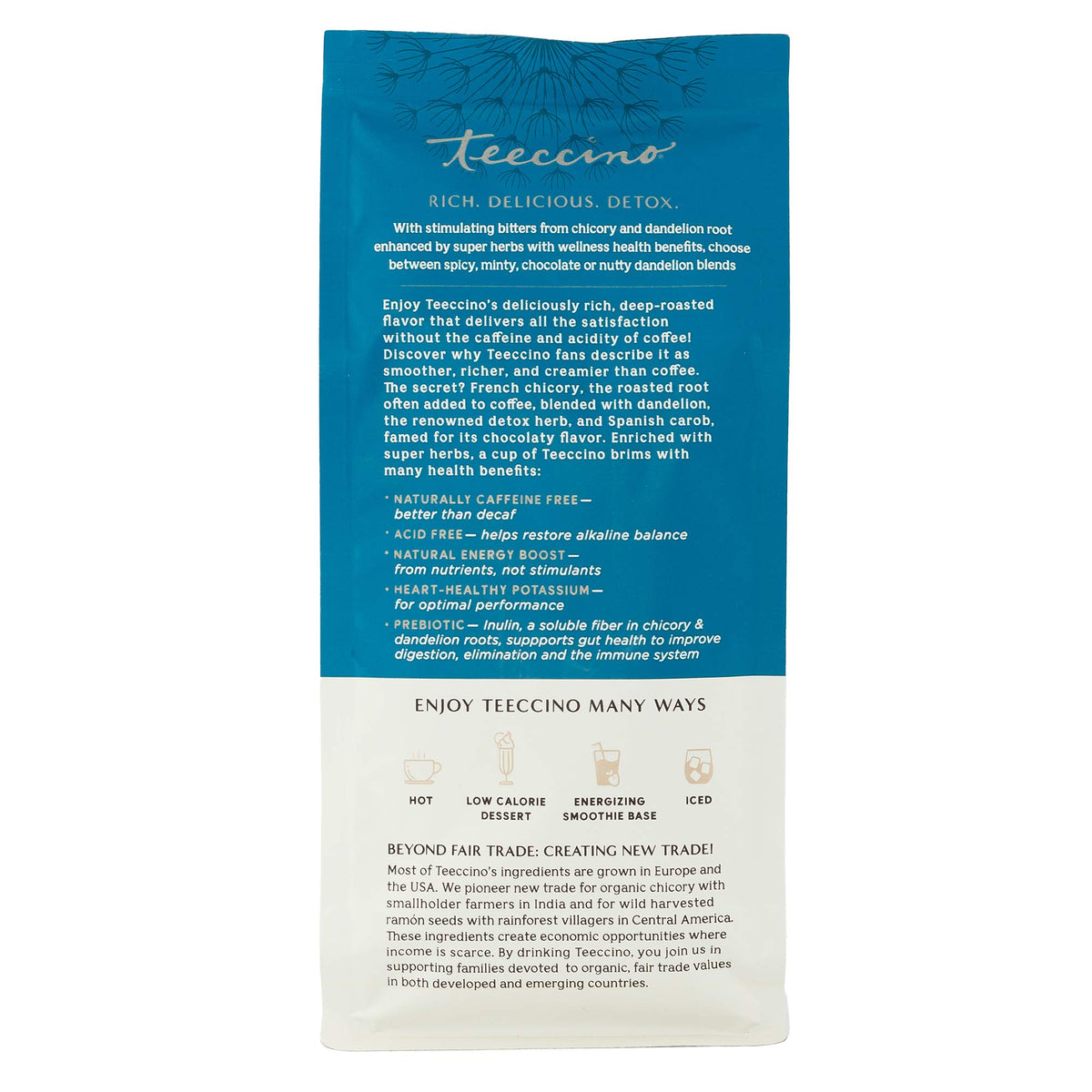 Teeccino Dandelion Mocha Mint packaging highlighting gluten-free and acid-free features