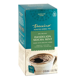 Teeccino Dandelion Mocha Mint Tea bag close-up for caffeine-free flavor