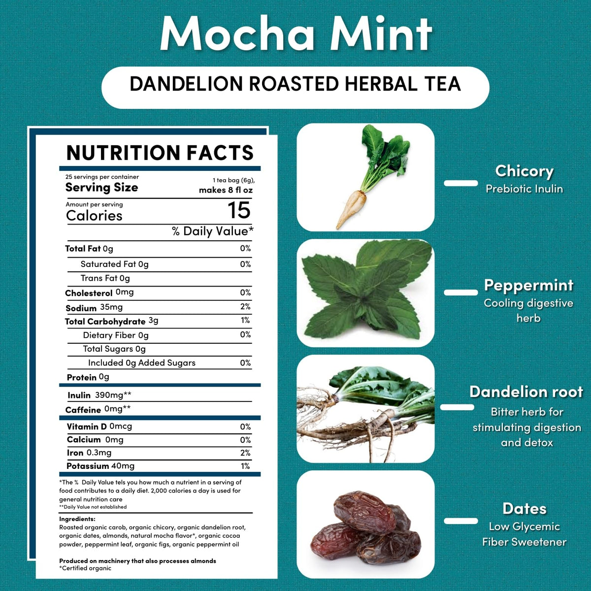 Teeccino Dandelion Mocha Mint Tea cup with steam, ideal for hot mornings
