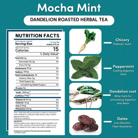 Teeccino Dandelion Mocha Mint Tea cup with steam, ideal for hot mornings