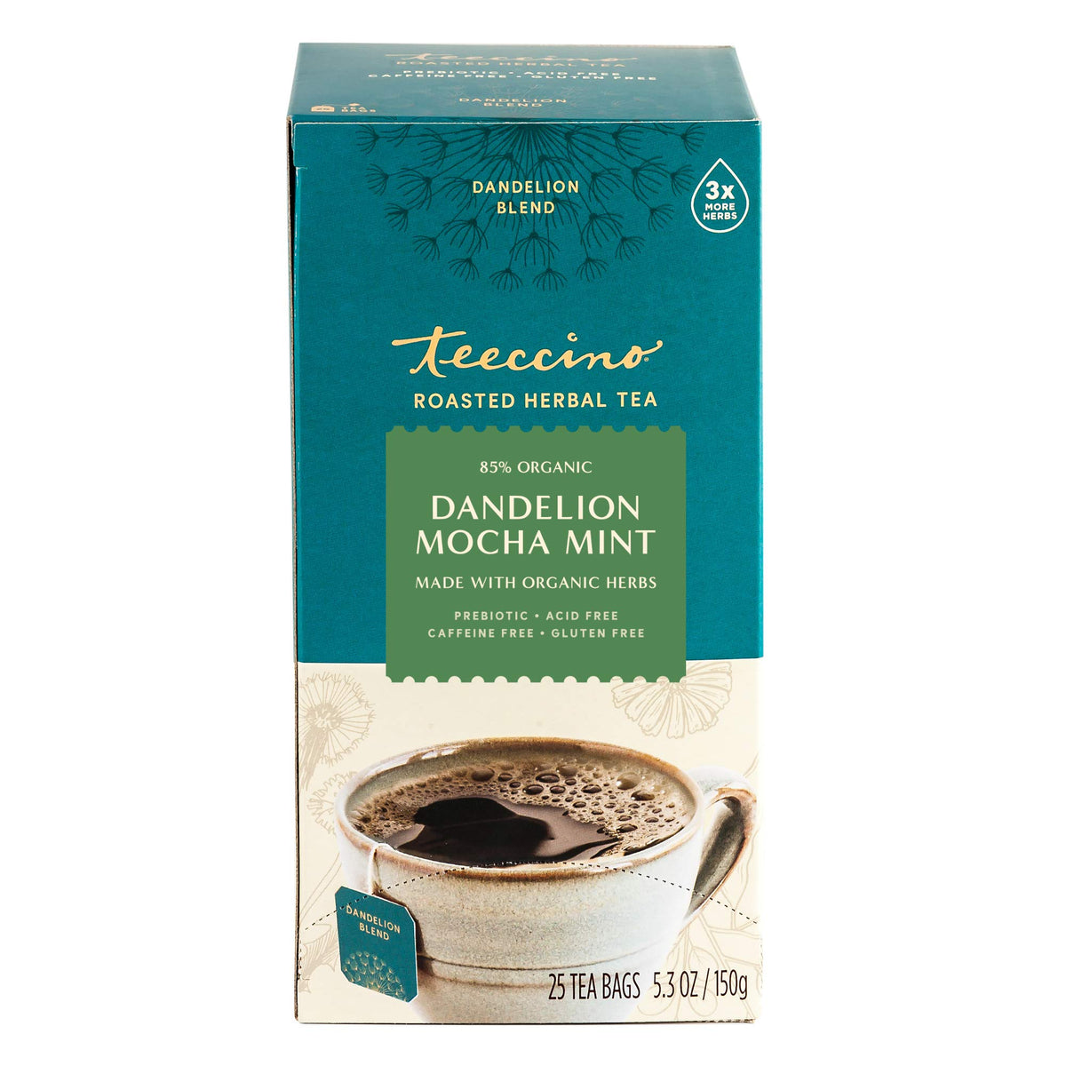 Teeccino Dandelion Mocha Mint Tea hot latte pour-over, versatile enjoyment