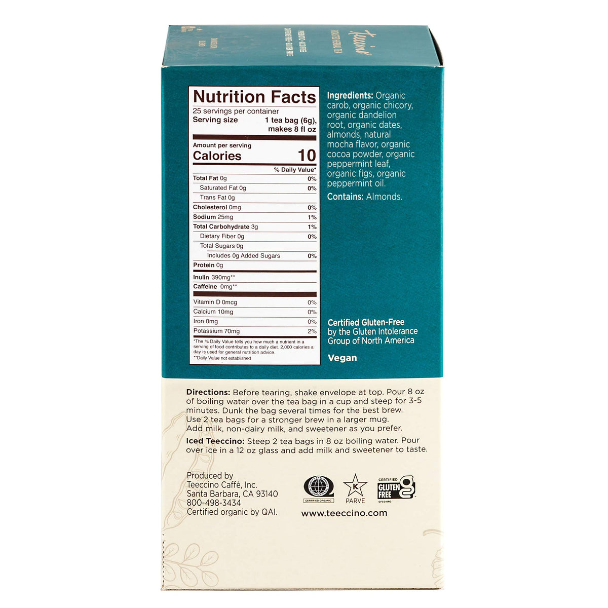 Teeccino Dandelion Mocha Mint Tea iced drink, refreshing caffeine-free option