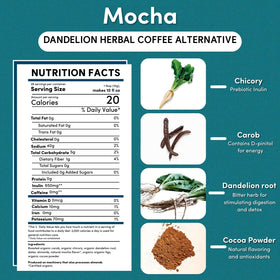 Teeccino Dandelion Mocha Packaging Label highlights organic, non GMO herbs for mindful sipping