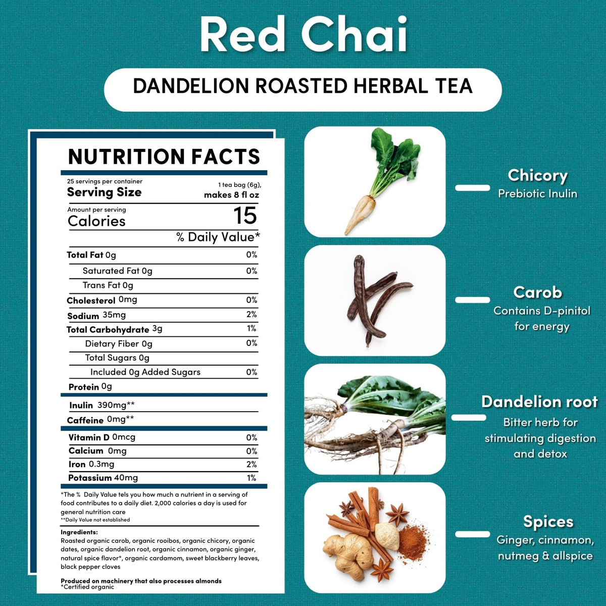 Teeccino Dandelion Red Chai cup steeped with warm spice aroma