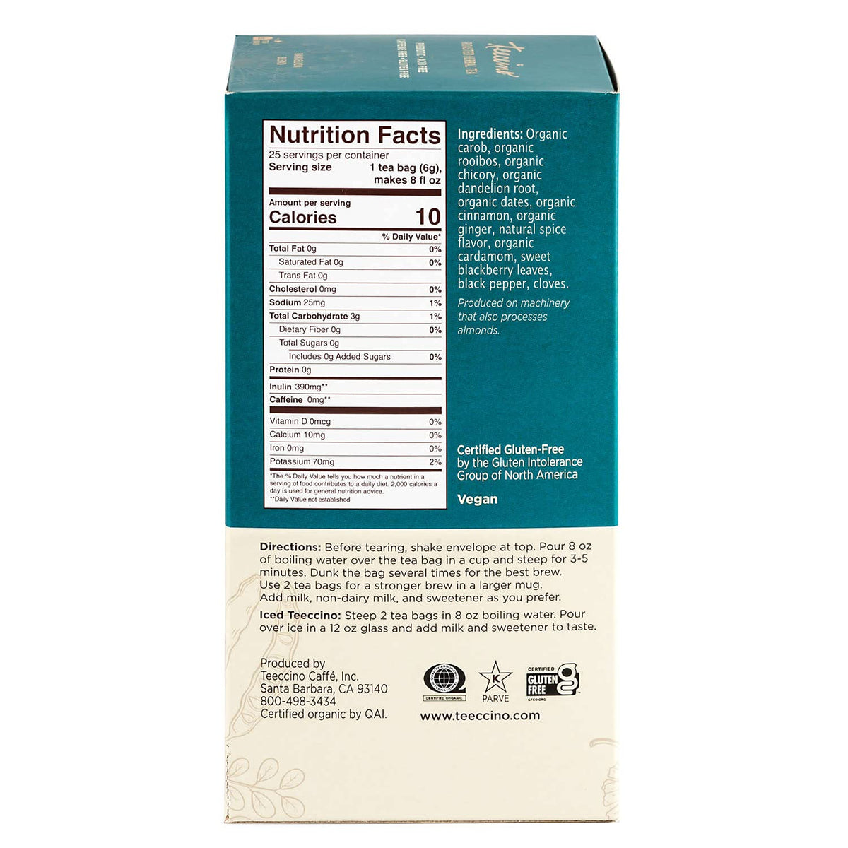 Teeccino Dandelion Red Chai herbs close-up emphasizing triple-herb blend