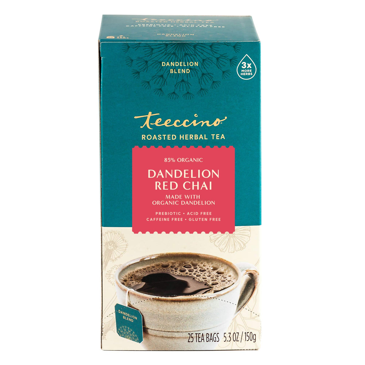 Teeccino Dandelion Red Chai iced beverage in a tall glass