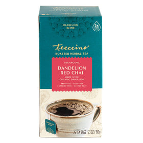 Teeccino Dandelion Red Chai iced beverage in a tall glass