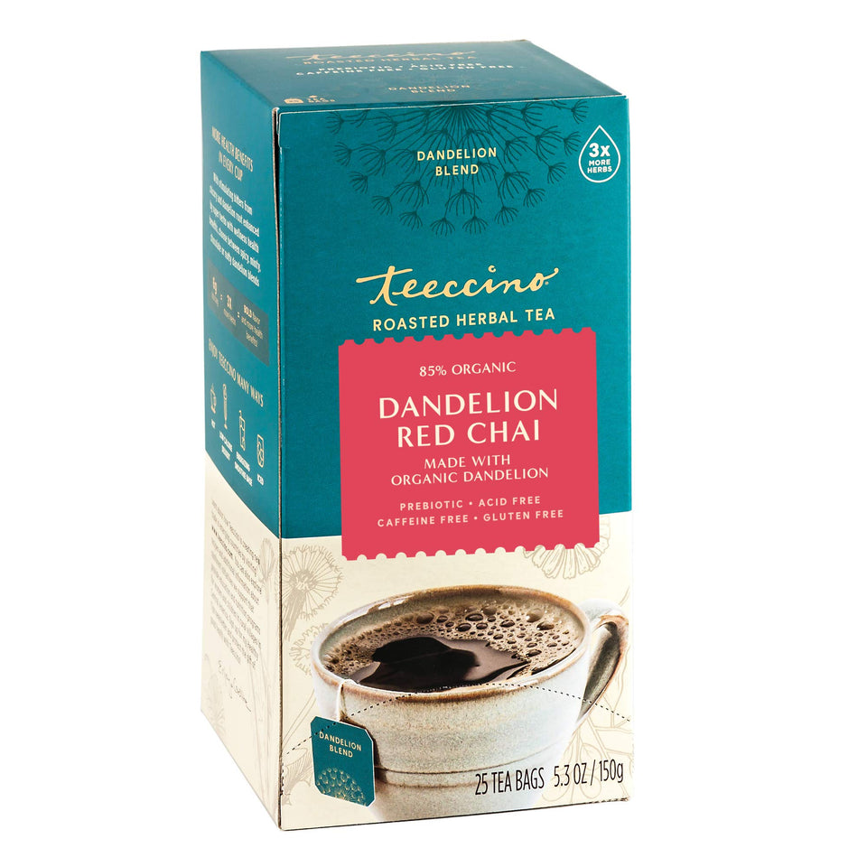 Teeccino Dandelion Red Chai tea packshot highlighting caffeine-free herbal blend