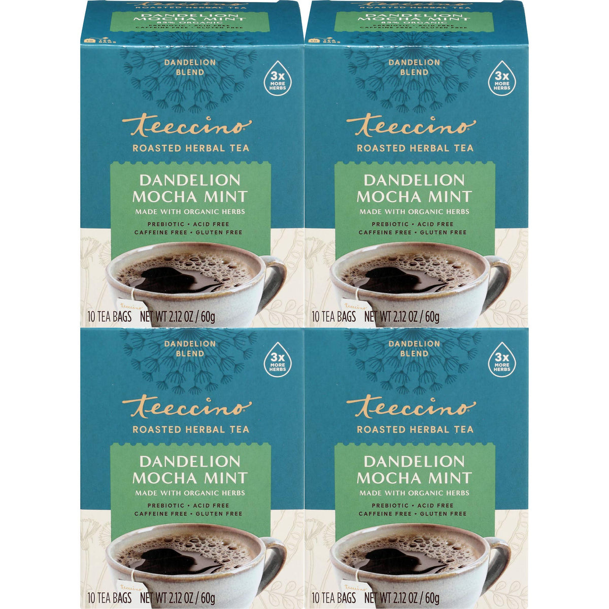 Teeccino Dandelion Root Tea Mocha Mint box, gluten-free and prebiotic herbs.