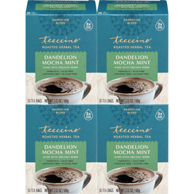 Teeccino Dandelion Root Tea Mocha Mint box, gluten-free and prebiotic herbs.