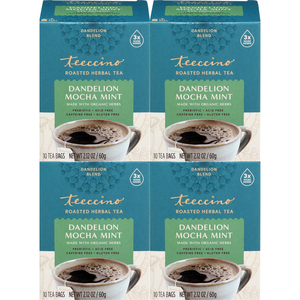Teeccino Dandelion Root Tea Mocha Mint box, gluten-free and prebiotic herbs.