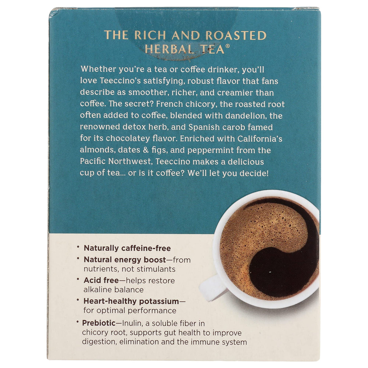 Teeccino Dandelion Root Tea Mocha Mint cup, iced with a refreshing mint finish.