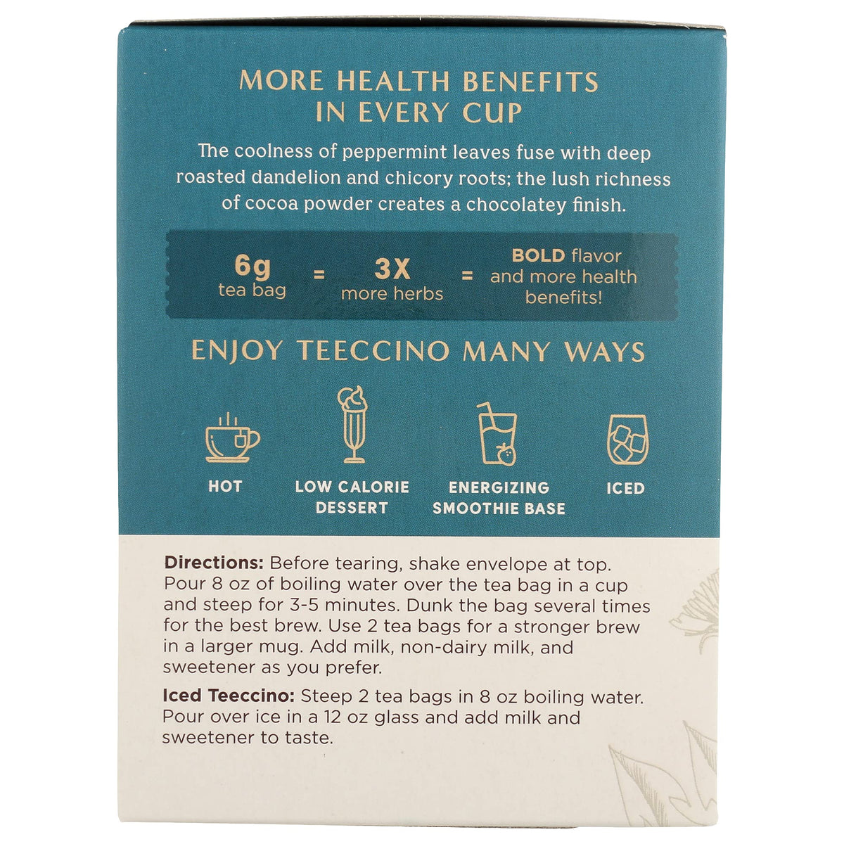Teeccino Dandelion Root Tea Mocha Mint packaging highlighting 3x herbs.