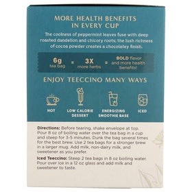 Teeccino Dandelion Root Tea Mocha Mint packaging highlighting 3x herbs.