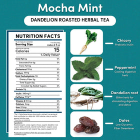 Teeccino Dandelion Root Tea Mocha Mint tea bags, caffeine-free and herb-rich.
