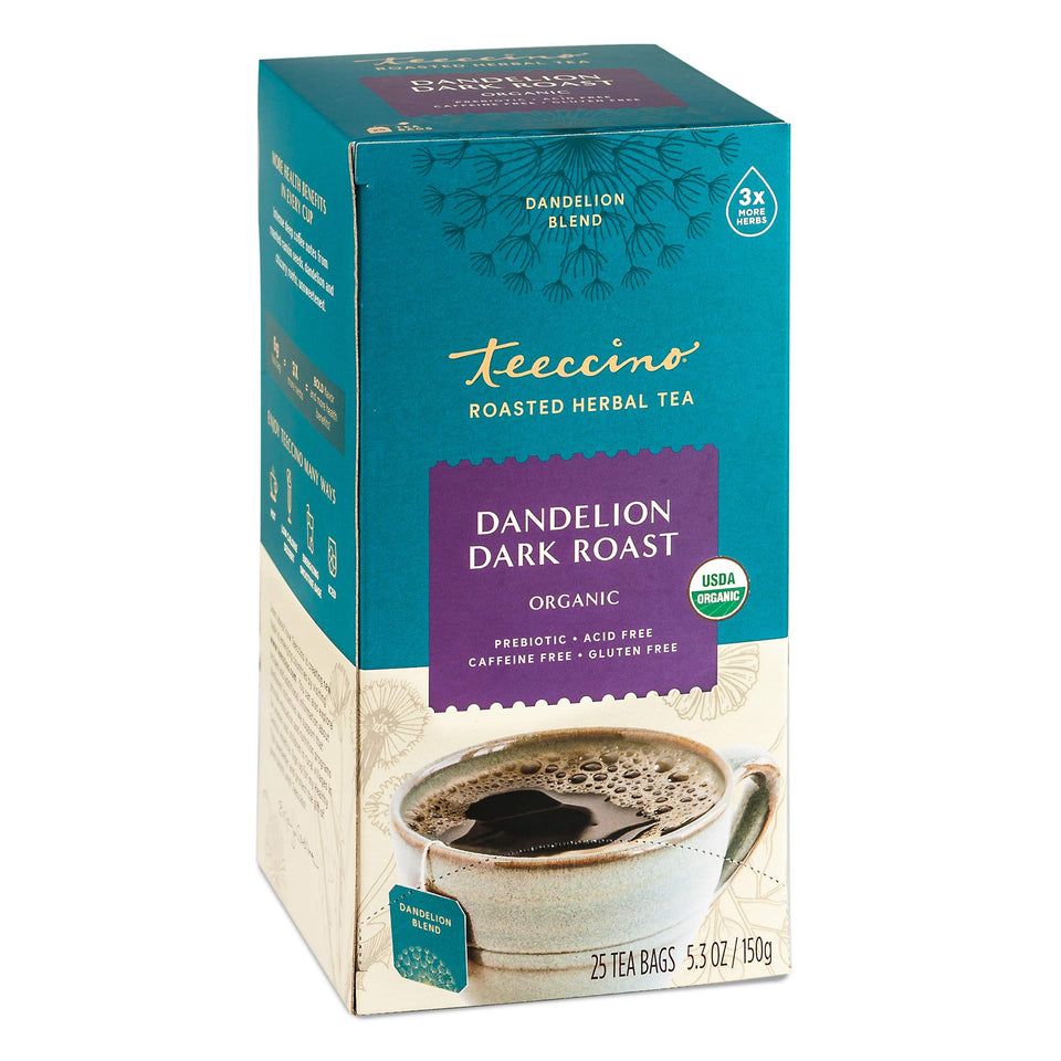 Teeccino Dandelion Tea bags in dark roast for caffeine-free sipping.