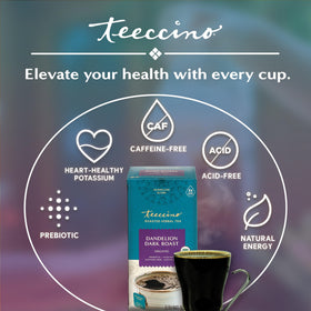 Teeccino Dandelion Tea ingredients highlighting prebiotics from chicory and dandelion.