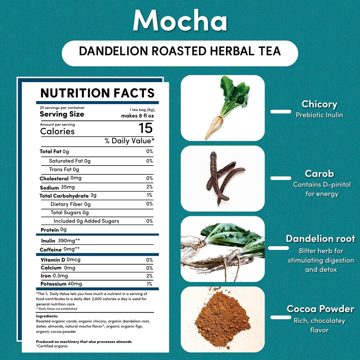 Steaming Teeccino Dandelion Mocha cup ideal for dairy-free lattes