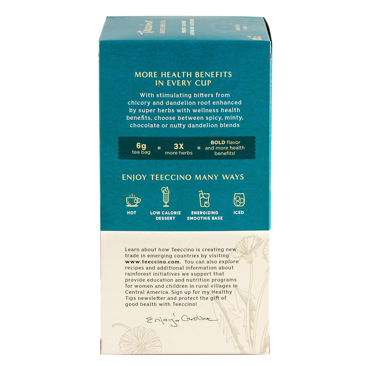 Pack of Teeccino Dandelion Mocha highlights gluten-free herbal blend