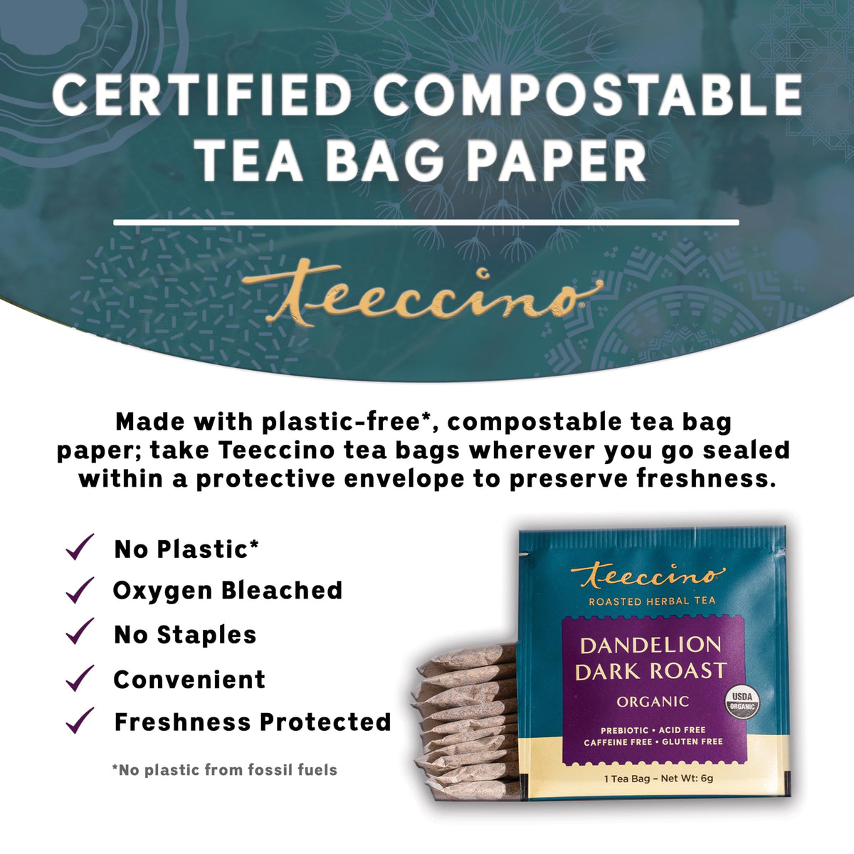 Teeccino Dandelion Tea cup with steam and herbal aroma.