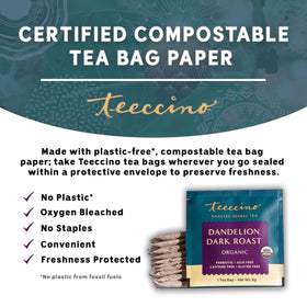 Teeccino Dandelion Tea cup with steam and herbal aroma.
