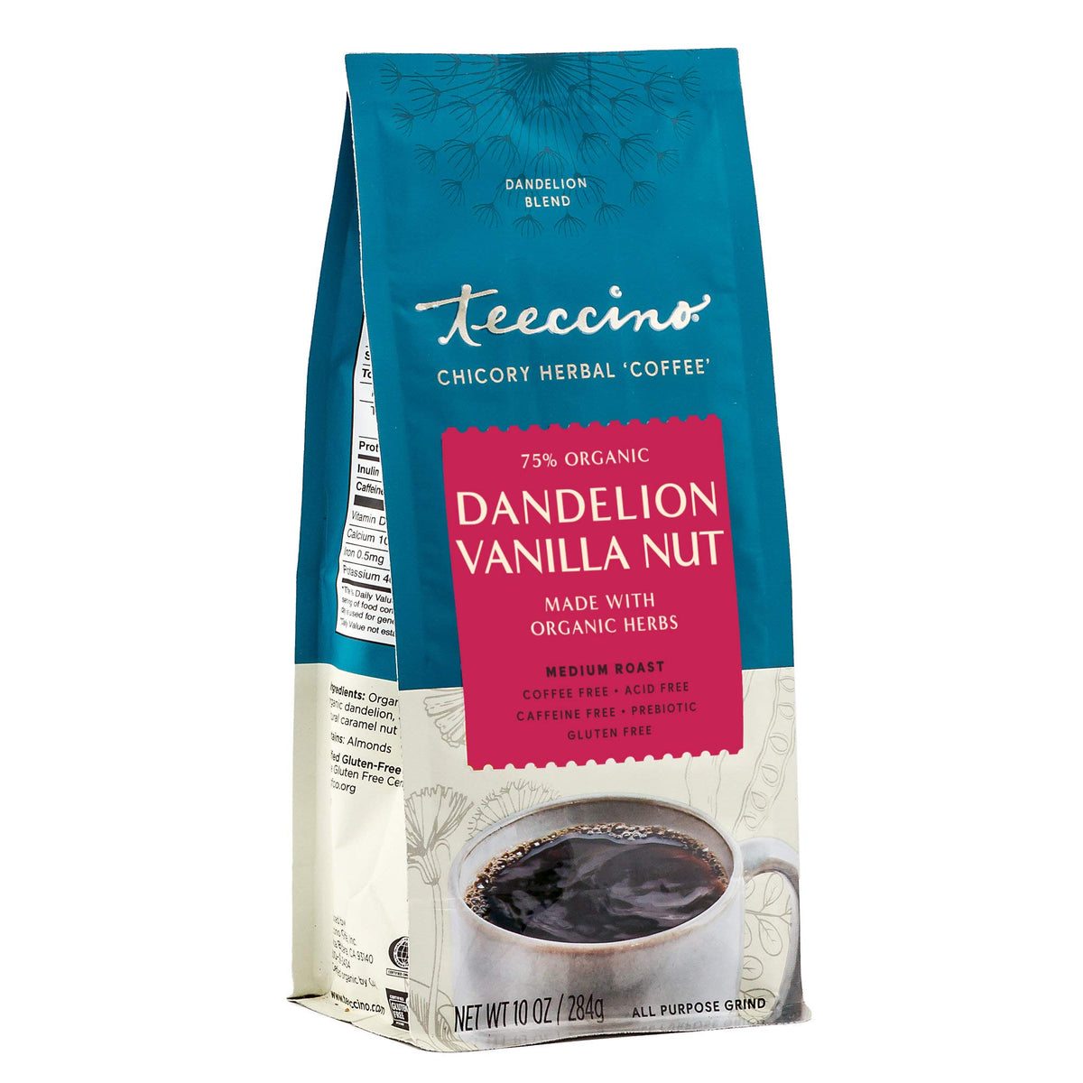 Teeccino Dandelion Vanilla Nut cup showing caffeine-free energy and vanilla aroma.