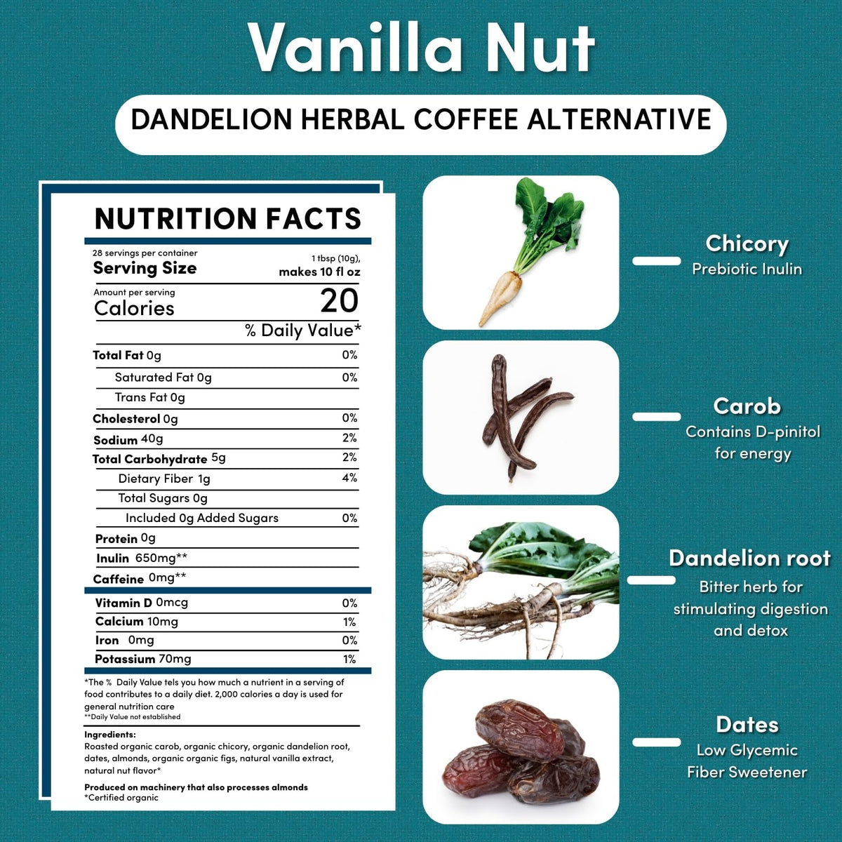 Teeccino Dandelion Vanilla Nut packaging highlighting gluten-free, organic blend.
