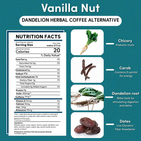 Teeccino Dandelion Vanilla Nut packaging highlighting gluten-free, organic blend.